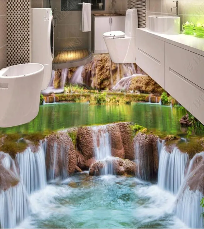 

PVC Mountain stream waterfall natural landscape non-slip waterproof self-adhesive 3D floor sticker tiles bathroom 3D wallpaper