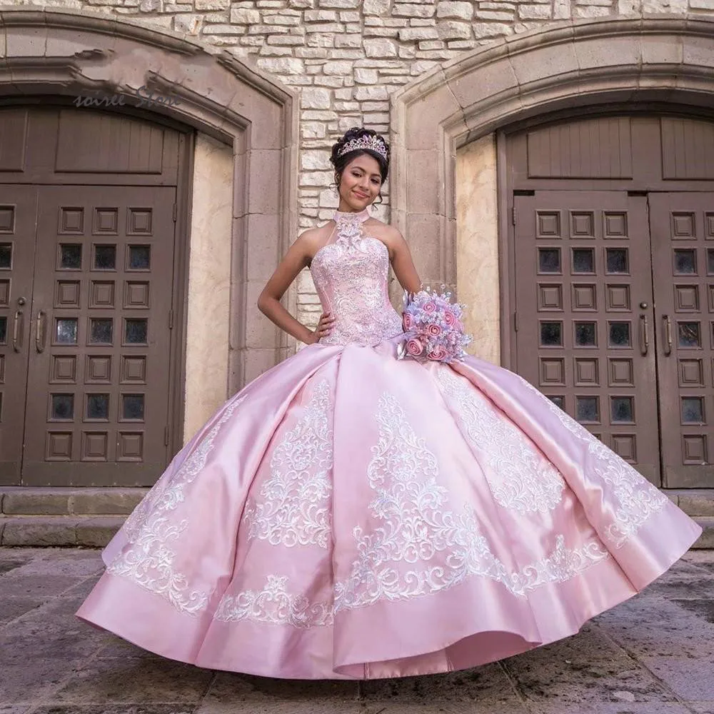 high-neck-quinceanera-dresses-pink-satin (3)
