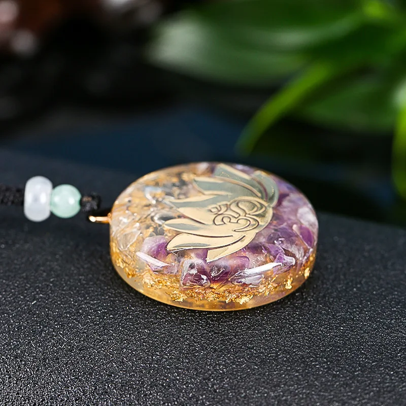 Amethystine Lotus Pendant Orgone Energy Necklace for Women Orgonite Om Yoga Healing Pink Crystal Men Necklace Gift Resin Jewelry