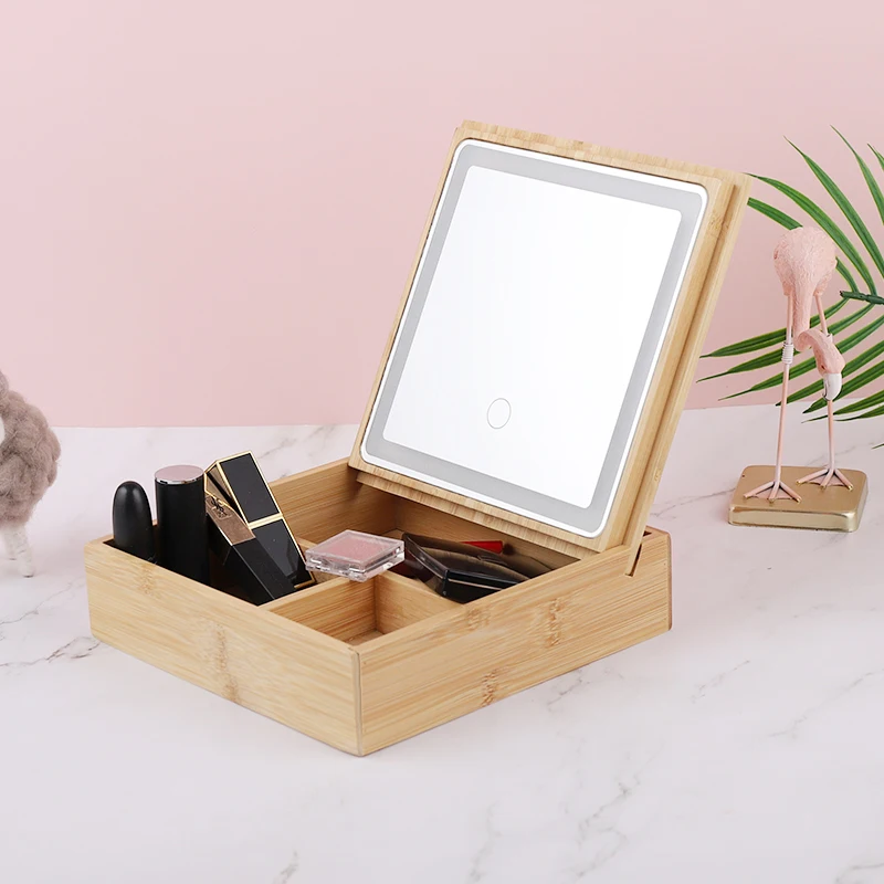 Natural Wooden Cosmetics Organizer With LED Lights Makeup Mirror