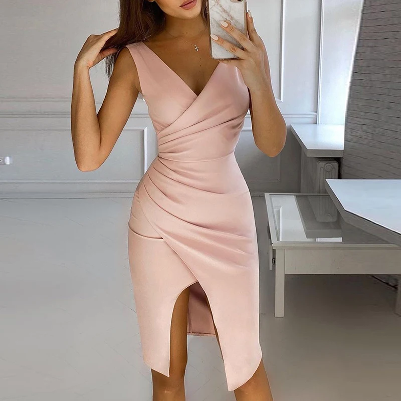 Elegante con cuello en V de mujer Oficina vestido de verano sin mangas fiesta vestido de moda las mujeres Bodycon Slim sólido vestidos