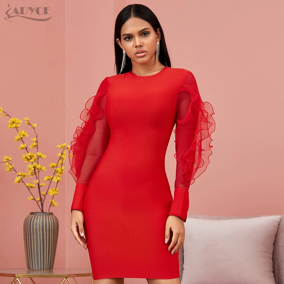 red long sleeve bandage dress