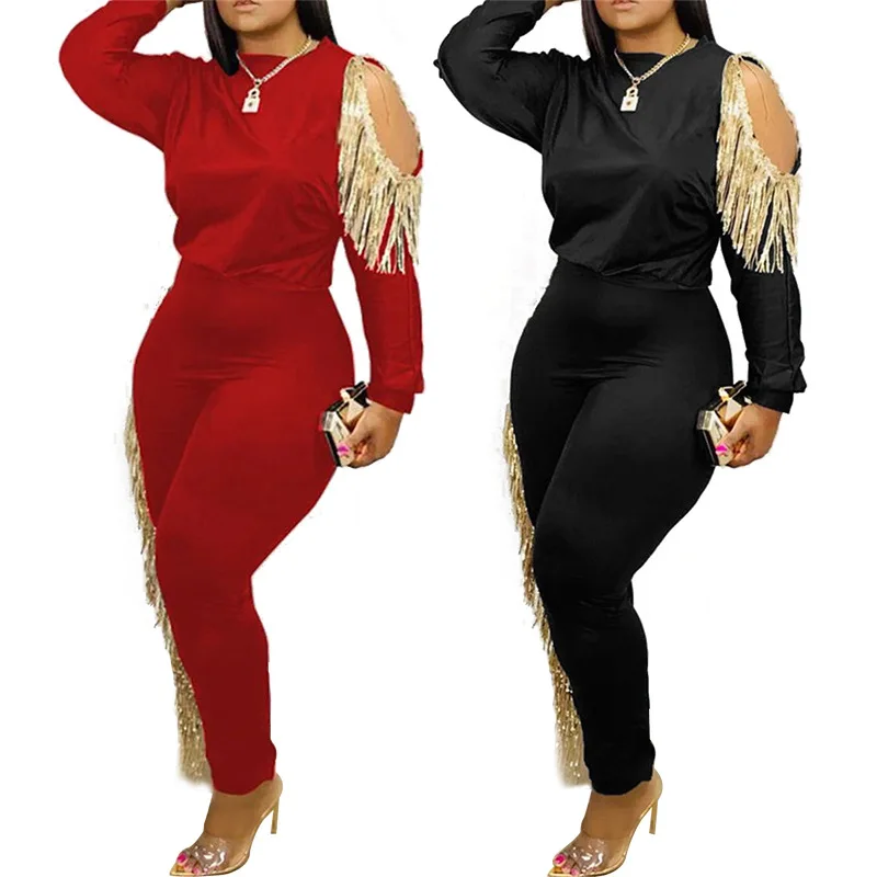 

Echoine Sexy Off Shoulder Fringe Long Sleeve Tops and Pants Two Piece Set jogging femme Black Women Tracksuit sweat suits