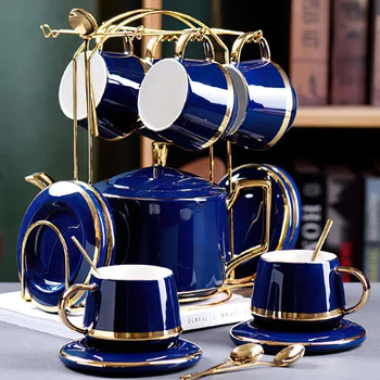 

Nordic Phnom Penh Blue Green Ceramic Coffee Tea Set Hotel Home Coffee Cup Saucer Pot with Metal Frame Coffee Set Tea Set