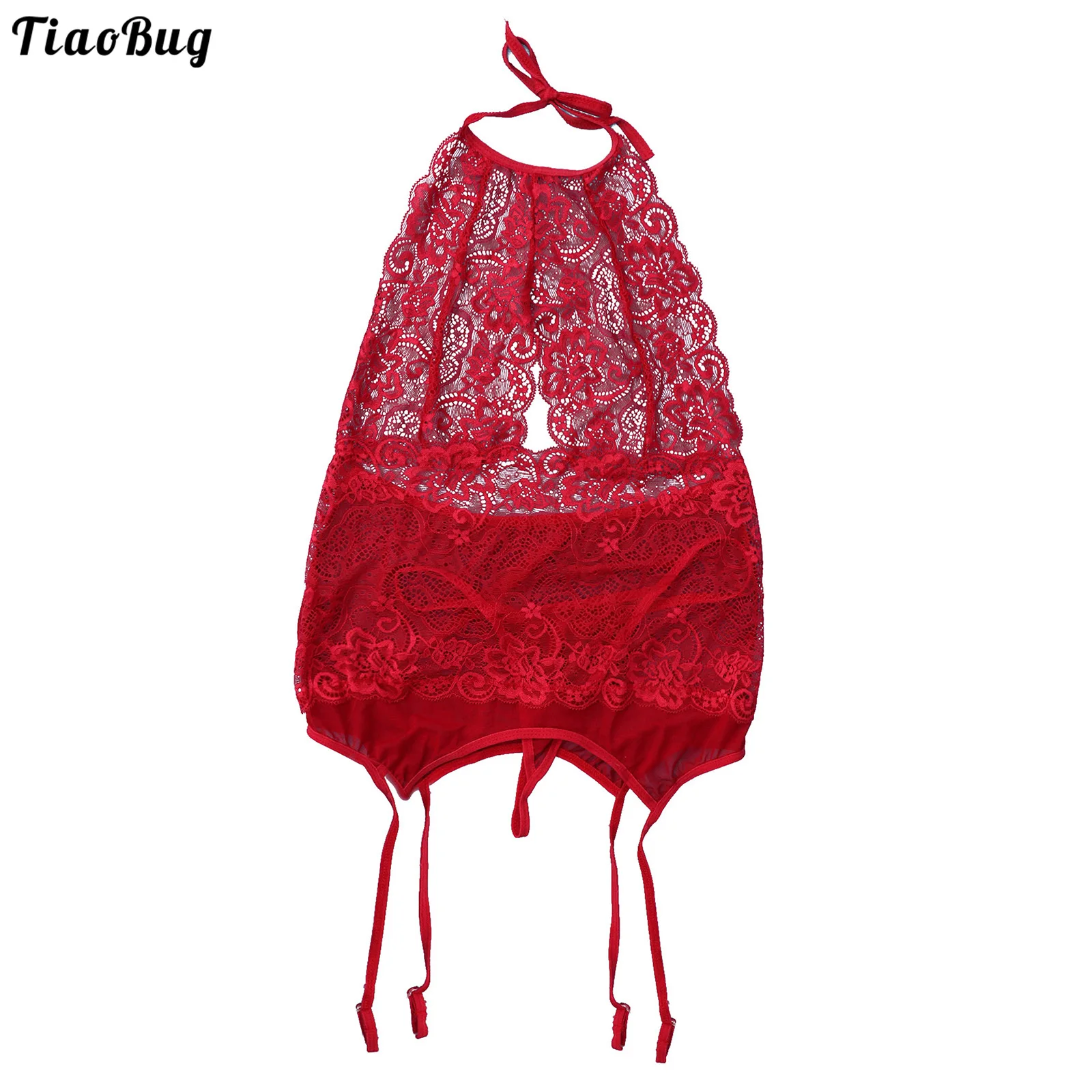 

TiaoBug 2Pcs Women Plus Size See-Through Lace Lingerie Suit Halter Neck Strap Tops And G-String Briefs Thong Pants Set Underwear