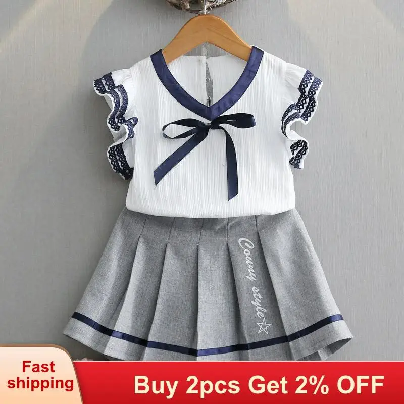 Girls Dress Summer New Outfits Costumes Children Clothing 3 7Y Preppy Style kids T-shirt and dress 2Pcs | Детская одежда и обувь