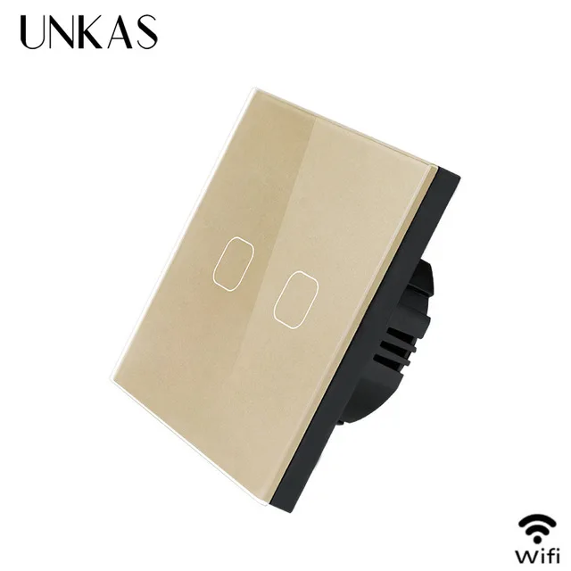 UNKAS Alexa Google Home 86 Тип сенсорный выключатель 2 банды 1 способ Wi-Fi светильник переключатель белое приложение беспроводной пульт дистанционного управления стандарт ЕС - Цвет: WiFi Gold 2gang