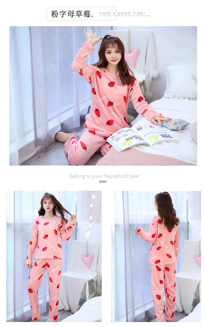 winter pyjamas Women Warm Flannel Pajama Set Thicken Girl Print pijama Long Sleeve Coral fleece Sleepwear Suit Women Nightshirt