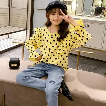

2020 Korean style girls dots shirt ruffles fashion spring cotton girls blouse 4-9t C937