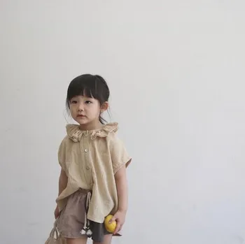 

2020 Baby Girls Loose Solid Color Blouse Ruffles Collar Tops Khaki White Color Holiday Spring Summer Tees