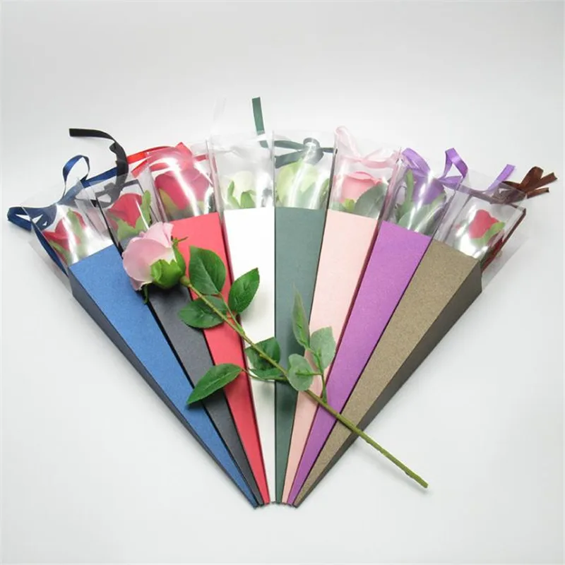

Hot Sale Valentine's Day Rose Flower Transparent Box Single Bouquet Gift Box Flower Packaging PVC Triangle Box Glitter Paper Bag