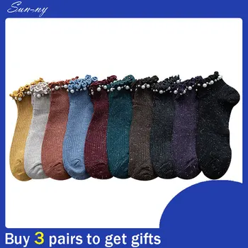 

Sun-ny1 Pair Comfortable Cotton Kawaii Black Dollskill Women Aesthetic Happy Short Socks Dropshipping 2020 Short Lmitated Pearl