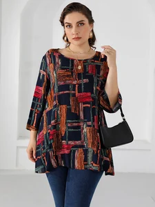 Blusa informal holgada de manga tres cuartos para mujer, blusa larga con estampado colorido, talla grande 4XL, 5XL, otoño, 2021
