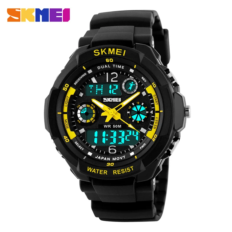 Yellow L Adult SKMEI, детские часы для плавания, анти-шок, 5 бар, водонепроницаемые, для спорта на открытом воздухе, детские часы, модные цифровые часы, Relogio, для 8-18 лет - Color: Yellow L Adult