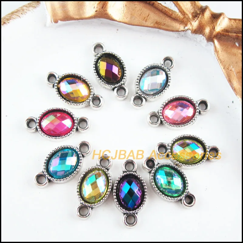 

30Pcs Tibetan Silver Tone Oval Flower Mixed AB Acrylic Charms Connectors 8.5x16.5mm
