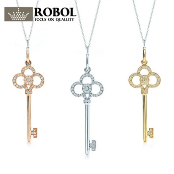 

XL TFB TTFF 100% 925 Sterling Silver Genuine Zircon Heart-shaped Keyring Pendant Necklace 18K Yellow Gold, Golden Rose, Gold KEY