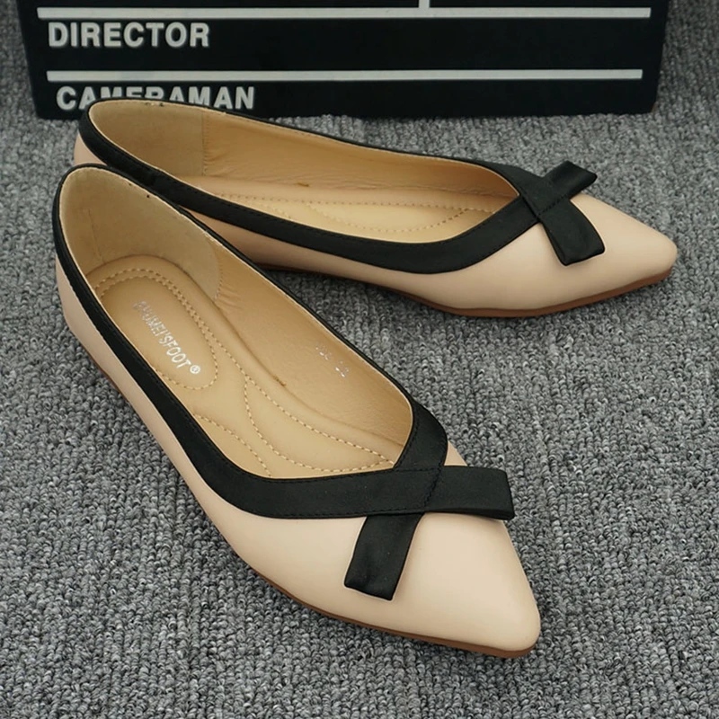 Ladies Bow Leather Flat Shoes Woman Pointed Toe Ballet Flats Women's Slip On Loafers Soft Moccasins Female Maternity Work Shoes - Цвет: apricot