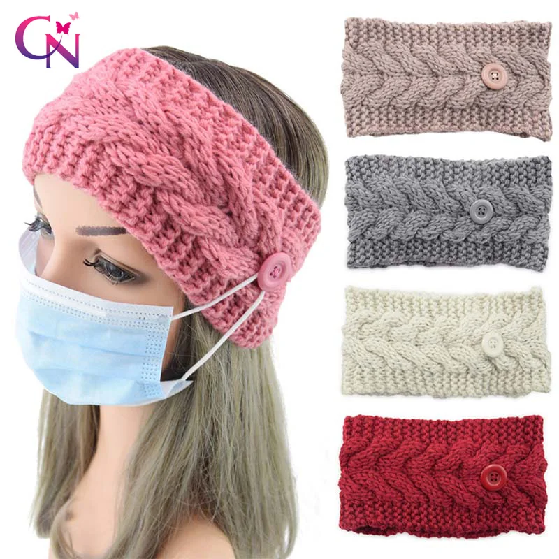 

Solid Wide Knitting Women Headband Warmer Ear Button Elastic Hairbands Headwear Bandage Hair Accessories Autumn Winter Headwraps