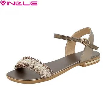 

VINLLE 2020 String Bead PU Leather Hollow All Match Ladies Flats Shoes Summer Buckle Open-toed Fashion Women Sandals Size 34-43