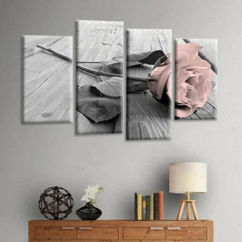 

4Pcs Pink Grey White Love Rose Floral Canvas Wall Art Picture Print Home Office Type Frameless Home Decoration