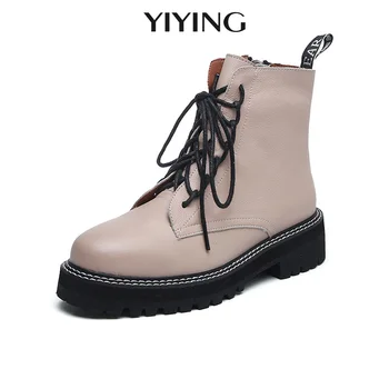 

2020 Genuine Leather Boots Women Shoes Thick Sole Lace Up Autumn Winter Short Ankle Boots For Women Motorcycle Boots