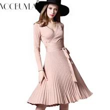 Voobuyla Элегантное зимнее весеннее платье новые офисные платья для женщин декоративные пояса v-образный вырез сплошной один размер Винтаж Vestidos