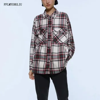 

Ladies Shirt Autumn New Long Sleeve Casual Plaid Print Blouse Lapel Double Pocket Single Breasted Slim Cotton Shirt