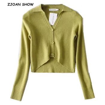 

2020 Knitting Striped Line Lapel V neck Cardigan Sweater Open Buttons Exposed navel Short Knitwear Long sleeve Jumper Tops