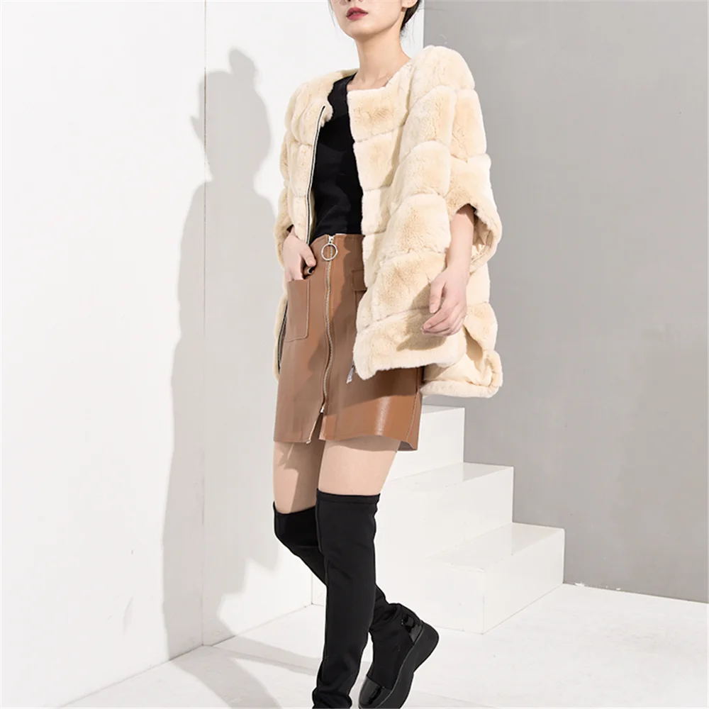 TOPFUR Winter Coat Women Beige Coat Women Rex Rabbit Fur Coat Plus Size Real Fur Coat Women Leather Jacket Bat Type Winter