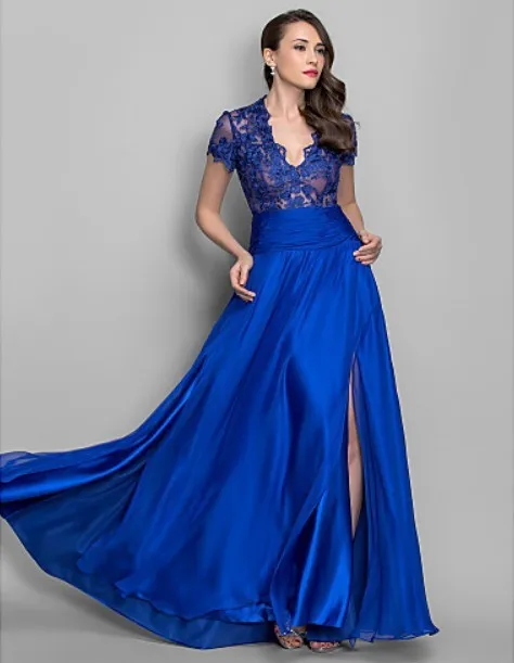 Новые модные пикантные vestidos de festa свободного покроя с коротким рукавом Вечерние платья Королевский синий цвет кружевное длинное вечернее платье для мамы; обувь под свадебное платье для невесты