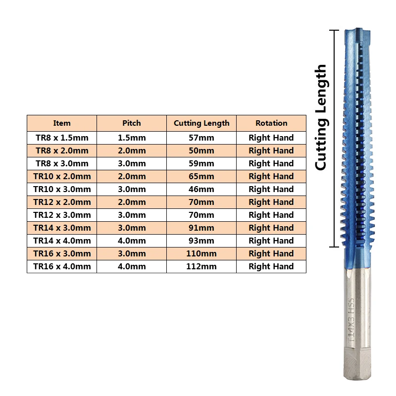 1pc Right Hand TR8-TR16 Trapezoidal Thread Tap For Metal Drilling HSS Screw Tap Drill Bits Nano Blue Coated Metric Machine Tap