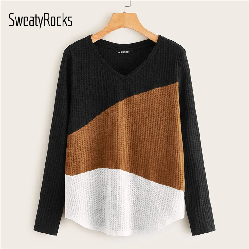 SweatyRocks, цветной топ с v-образным вырезом и изогнутым подолом, Текстурированный Топ для женщин, осень, уличная одежда, футболки, базовые Повседневные пуловеры с длинным рукавом