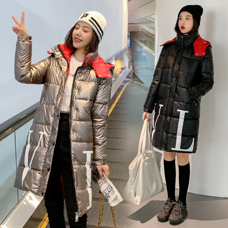 

Winter New Style Korean-style Women's Long Bright Surface Cotton-padded Clothes Slim Fit Thick Large Size Slimming Hooded down J