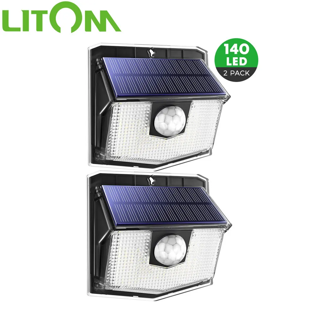 

2pcs LITOM 140 LED Solar Lights IPX7 Waterproof Outdoor Solar Lights with 3 Lighting Modes Wide Angle Super Bright Garden Lamps