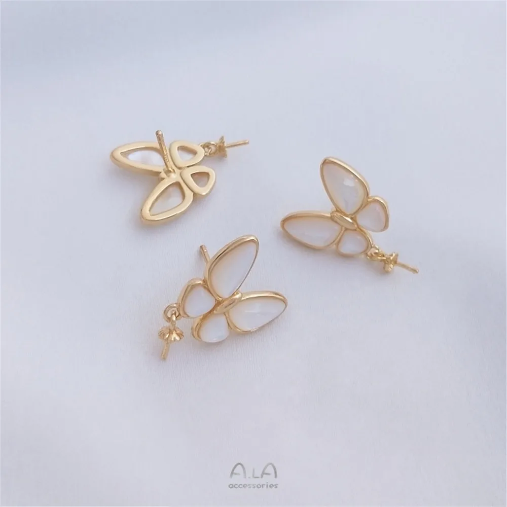 Natural sea color shell butterfly earring, sheep eye, pearl holder, 925 silver needle earring, 14K gold color DIY earring