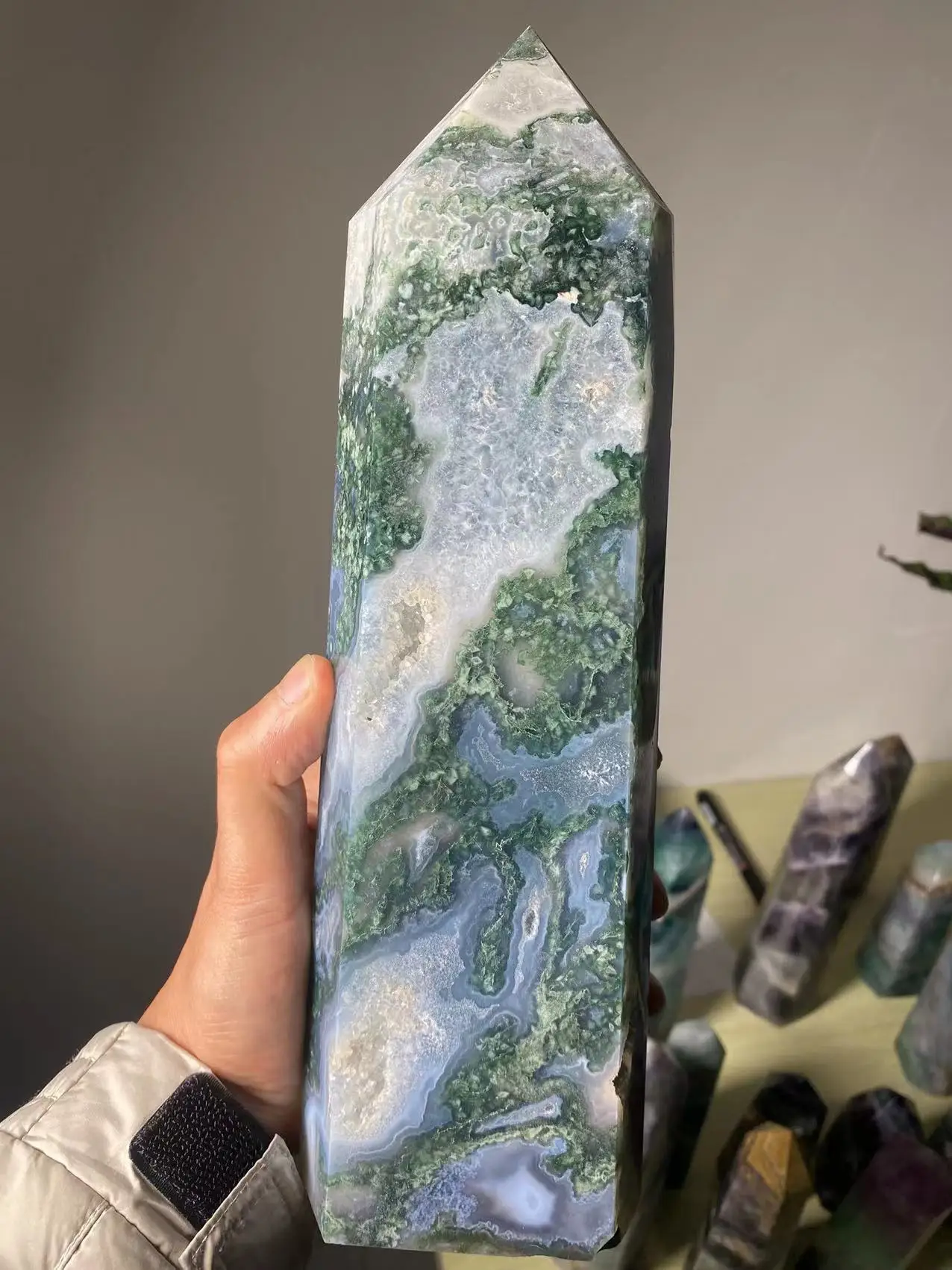 Natural large moss agate crystal tower natural crystal wand Reiki healing