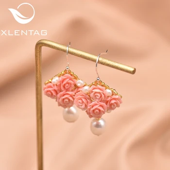

XlentAg Original Handmade Natural Coral Red Flower Women's Drop Earring Natural Pearl Dangle Earrings Luxury Fine Jewelry GE0608