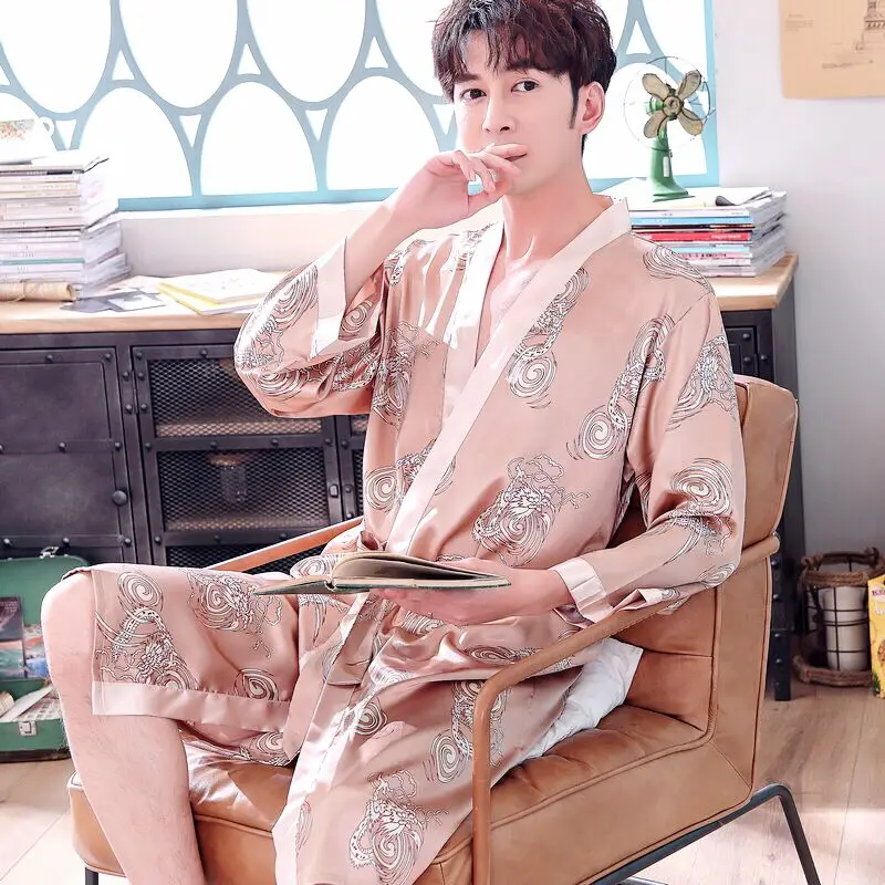 men's silk robe long pajamas solid sleepwear men bathrobe long sleeve kimono loungewear dressing gown - Цвет: color14