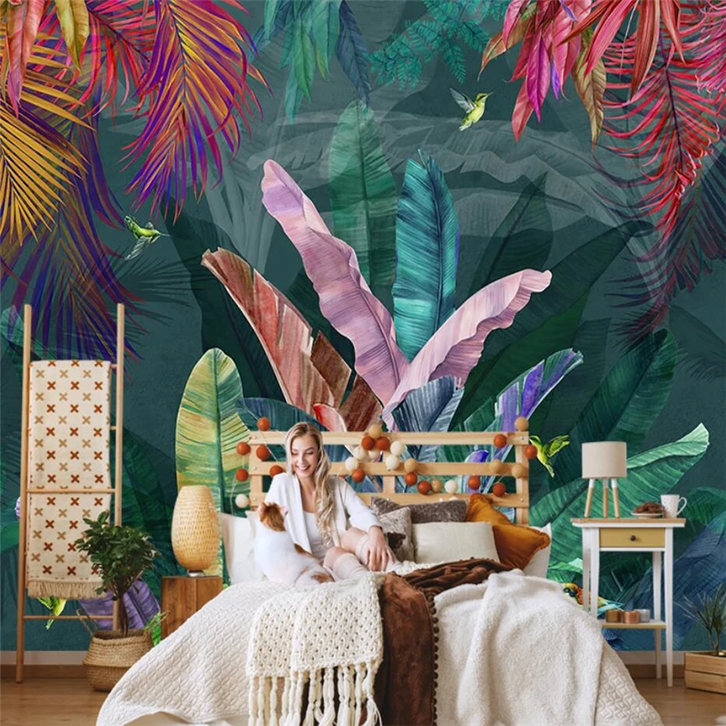 

beibehang Custom Southeast Asia Nordic Plant Banana Leaf Wallpaper Parrot Mural living room TV Background bedroom decoration 3D