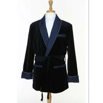 

2020 Velvet Men Belt Smoking Jackets Designer Shawl Lapel Dinner Party Wear Quilted Loose Vintage Dinner Blazers Tuxedo Custom