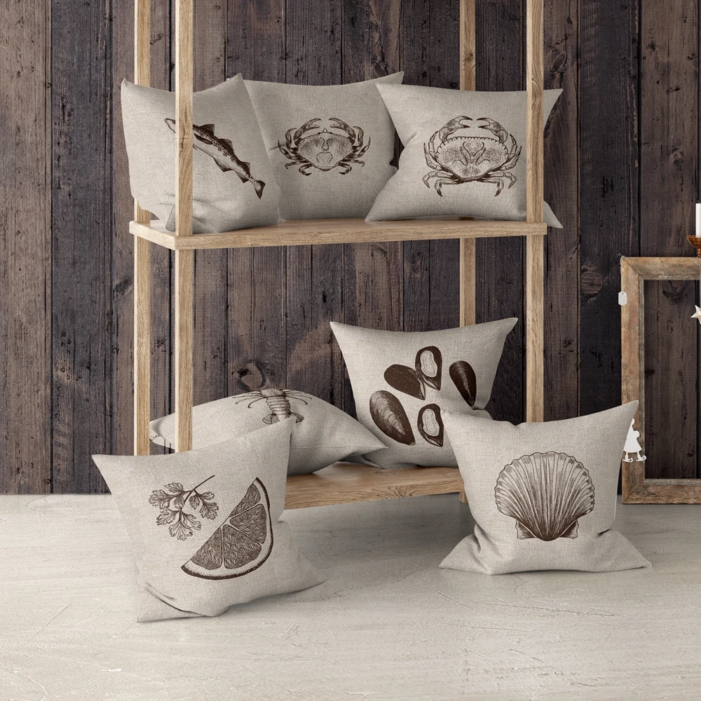

Retro Seafood Cushion Cover Home Restaurant Decor Textile Printed Pillowcase Throw Pillow Case Cutton Linen Car Sofa Bed