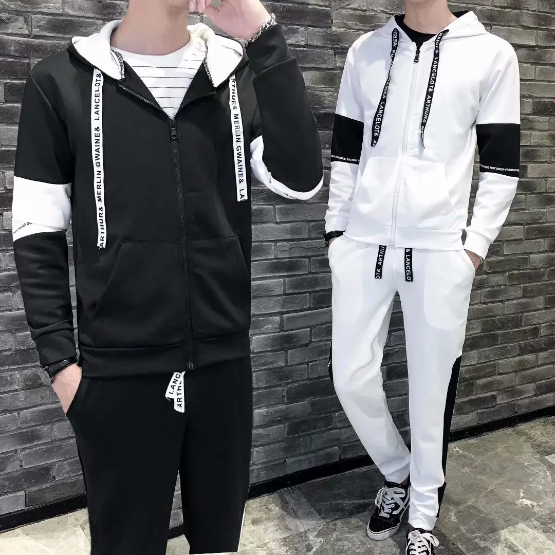 

Teenager Autumn & Winter Korean-style Trend Zipper Hooded Two-Piece Set MEN'S Coat Students Casual Sports Clothes
