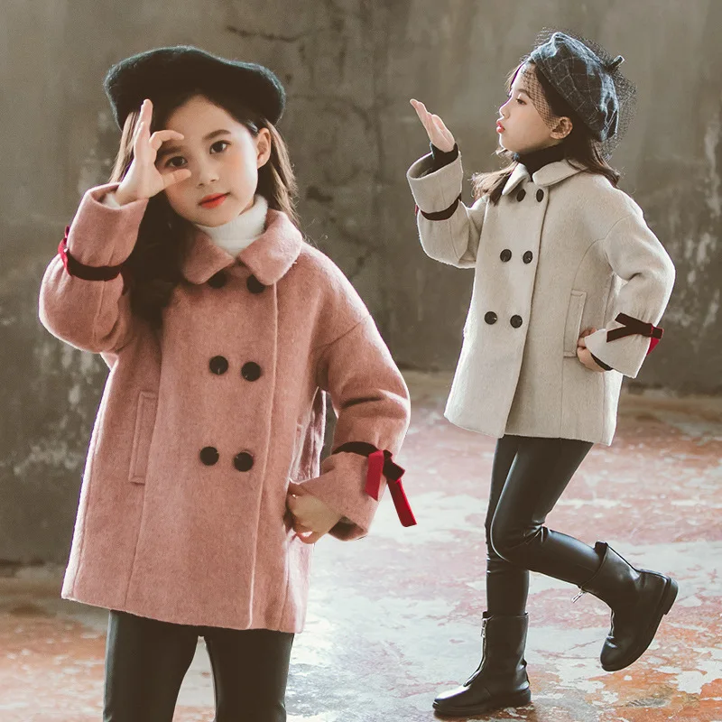 

Girls Clothes Autumn and Winter 2019 New Children Long Sleeve Fashion Thick Warm Solid Color Woolen Coat Jackets Teenagers Roupa