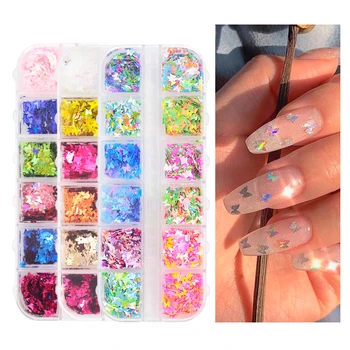 

12 Grid/Set Holo Nail Glitter Sequins Sparkly 3D Thin Butterfly/Round Colorful Flakes For Nail Art Accessories Multi-shapes PH08