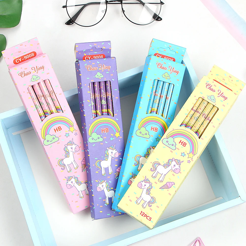 12Pcs/Set Cute Kawaii Cartoon Unicorn Pencil HB Sketch Items Drawing Stationery Student School Office Supplies for Kids Gift pen organizer for desk unicorn pencil case office supplies adorable student gift