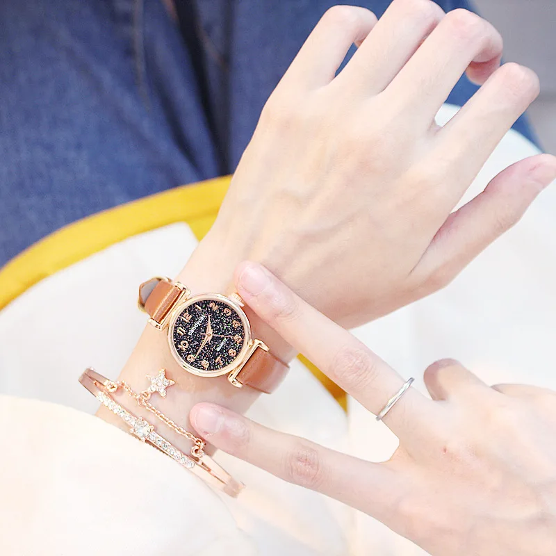 Изысканные женские часы Звездное небо женские кожаные кварцевые наручные часы Элегантные женские часы браслет часы Montre Femme