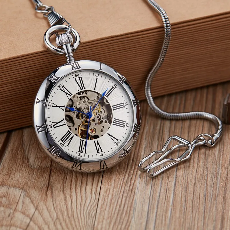 

Gorben Unique Smooth Silver/Gold Mechanical Pocket Watch Hand Winding Mechanical Steampunk Pocket Watch FOB Necklace Chain