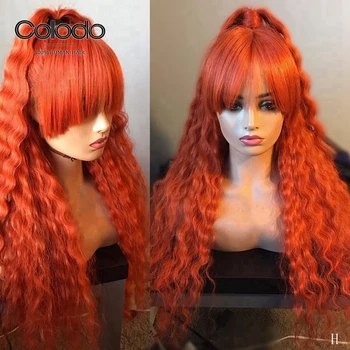 

COLODO Pre Plucked Orange Curly Lace Front Wig with Bangs 4#Root Blonde Wig Brazilian Transparent Lace Human Hair Wigs For Women