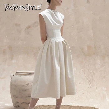 

TWOTWINSTYLE Elegant White Women Dress O Neck Sleeveless High Waist Midi Ruched Casual Dresses For Female Fashion Clothing Tide