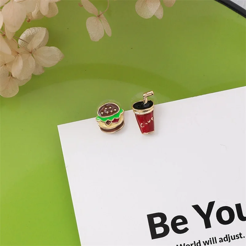 

925 Silver Needle Girl Earrings Small Cute Burger Coffee Cup Asymmetric Earrings Mini fun Cartoon Girl Earrings Children's Gift